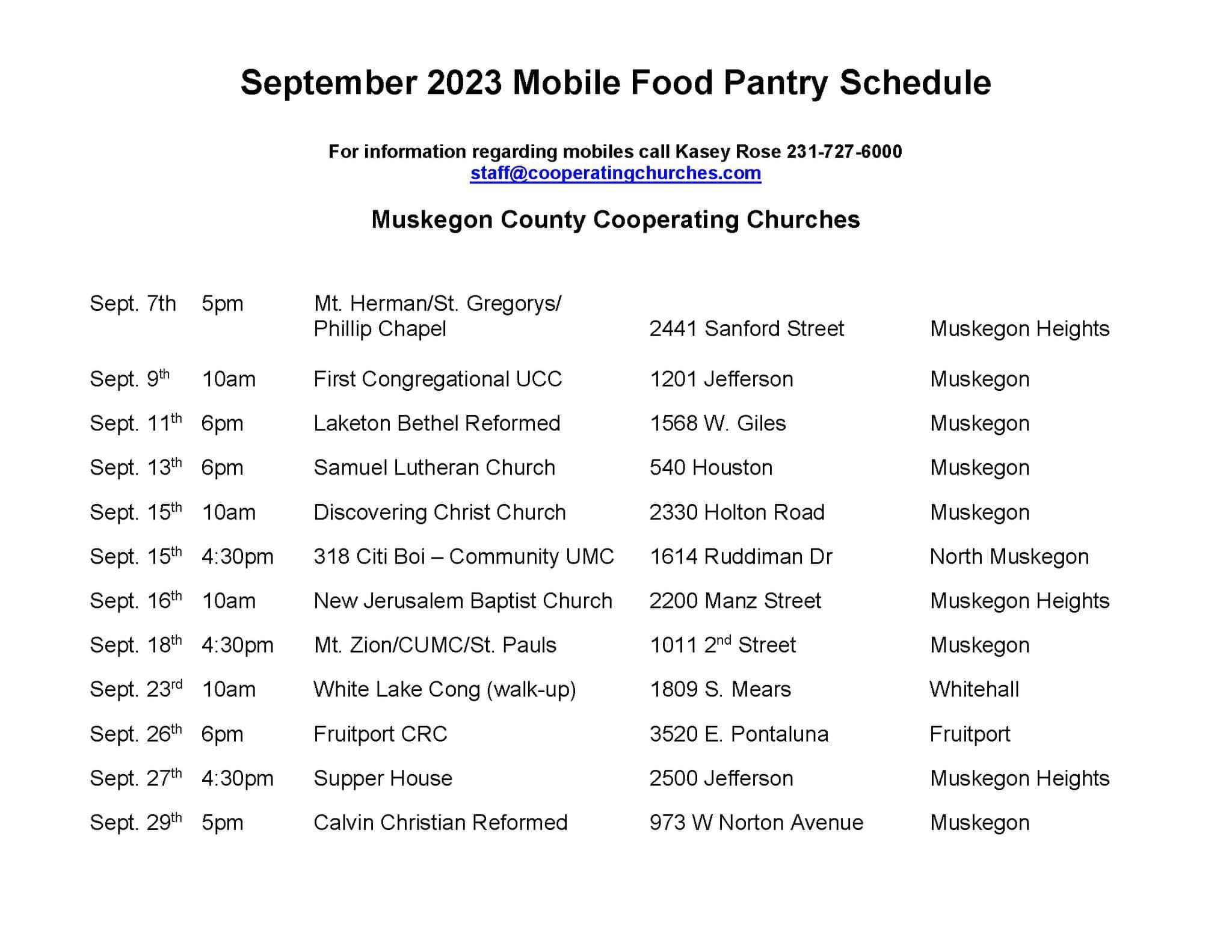 September 2023 Mobile Food Pantry Schedule.  Please call 231-719-4200 if you need the schedule read to you.
